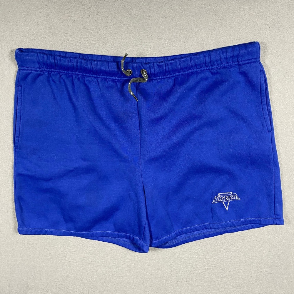 Vintage Wilson Athletic Shorts Mens Large Blue Fleece Lined Drawstring Logo Gym